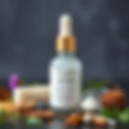 A close-up of a serum bottle with a dropper next to a variety of natural ingredients.
