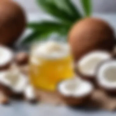 Integrating Coconut Oil with Cosmetic Products Cosmetic products arranged with coconut oil as a centerpiece