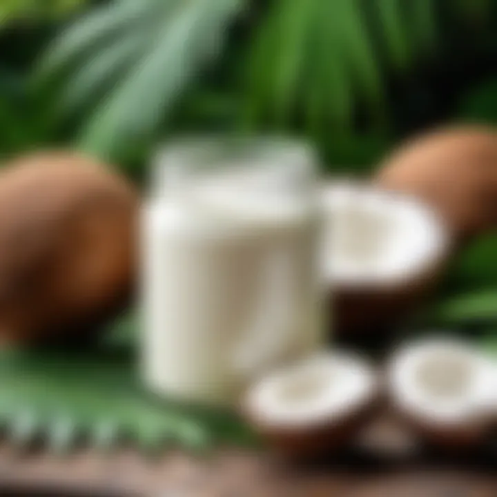 Coconut oil jar surrounded by coconuts and tropical leaves