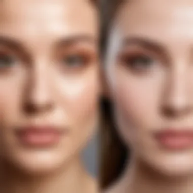 Close-up of skin before and after applying a primer
