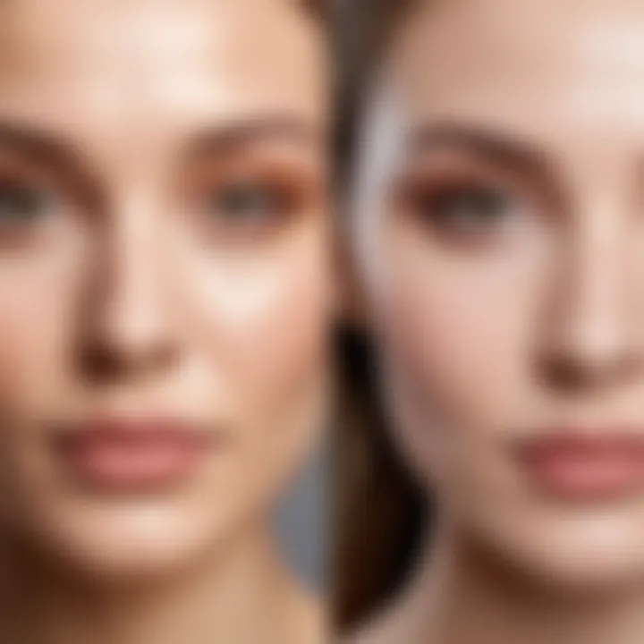 Close-up of skin before and after applying a primer
