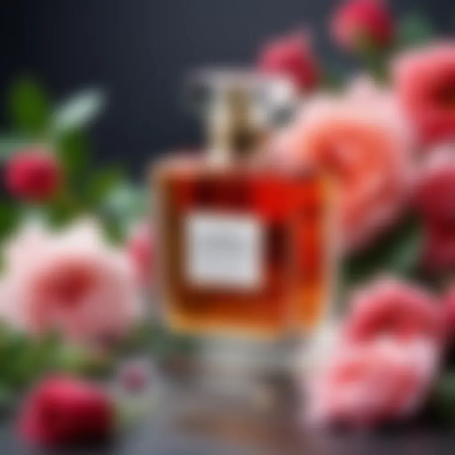 Elegant perfume bottle surrounded by floral elements