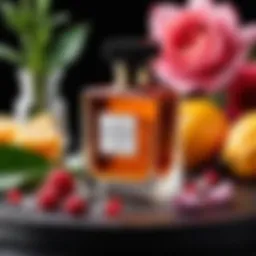 Close-up of luxurious fragrance bottle surrounded by sweet ingredients