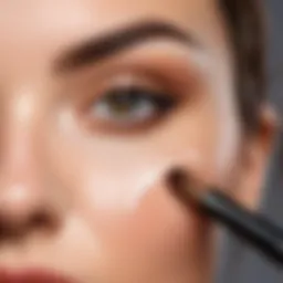 Close-up of a makeup brush applying concealer under the eyes