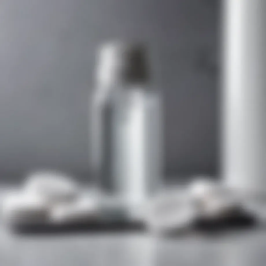 A close-up of micellar water in a sleek bottle surrounded by cotton pads.