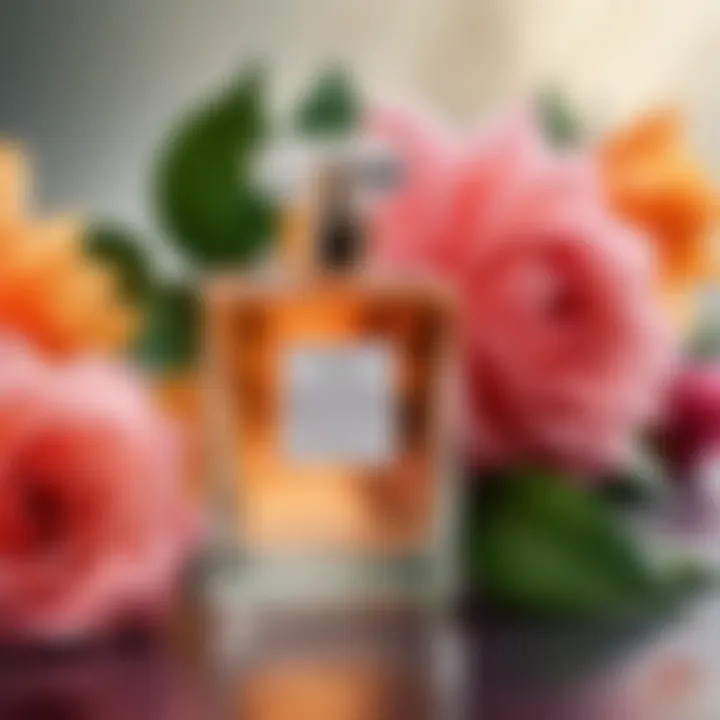 Elegant perfume bottle with floral elements in the background