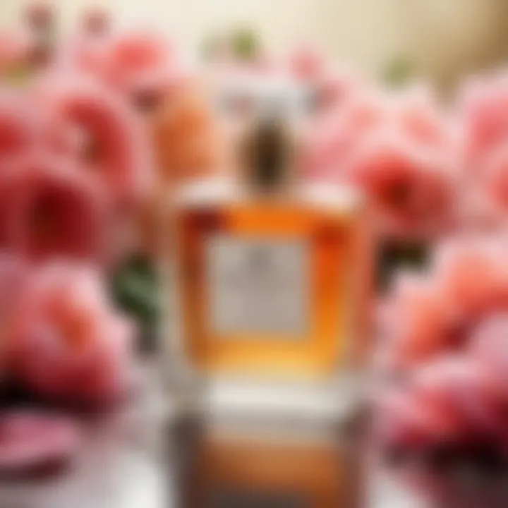A serene setting with a vintage fragrance bottle surrounded by petals