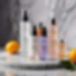 A selection of skincare products showcasing toner and tonic bottles on a marble surface