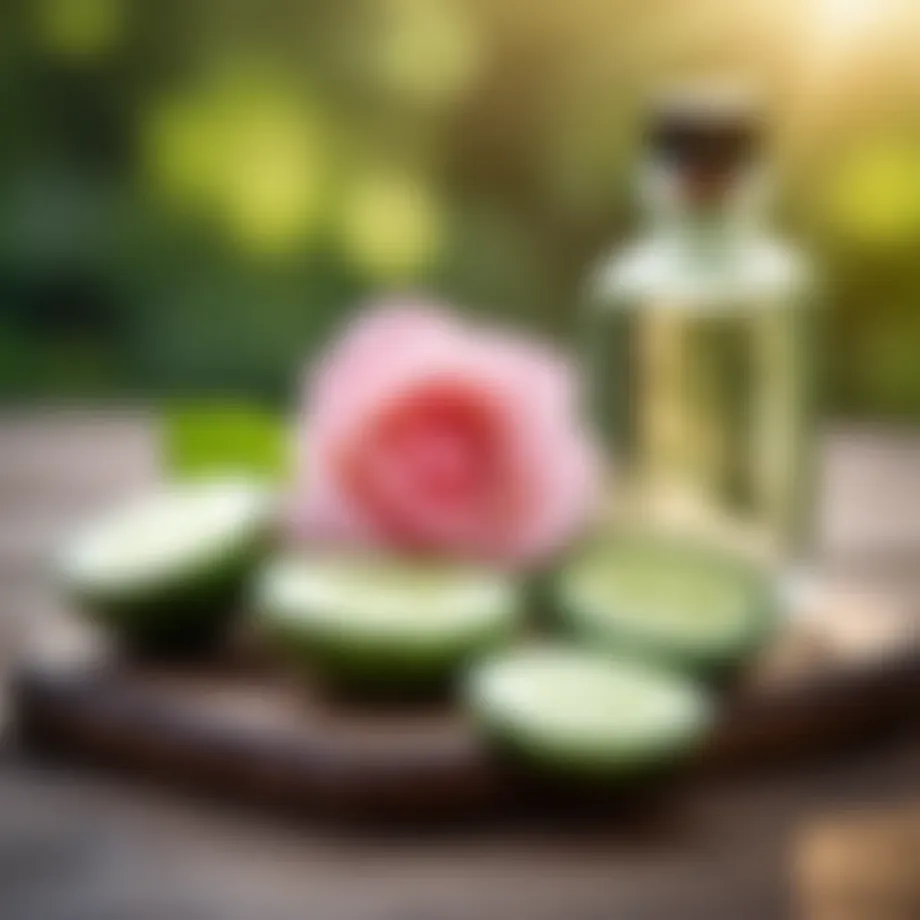 A serene outdoor setting showcasing natural toning ingredients like rose water and cucumber slices