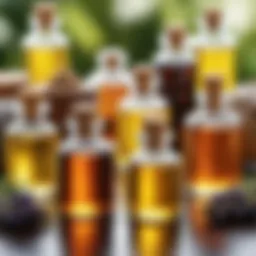 Close-up of various natural oils used for hair care