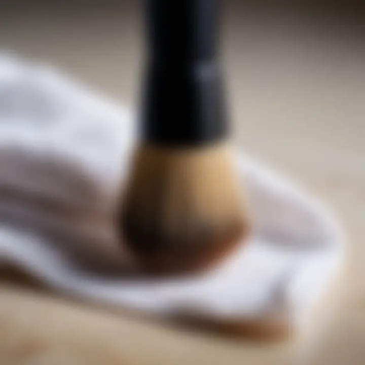 A clean makeup brush resting on a soft towel.