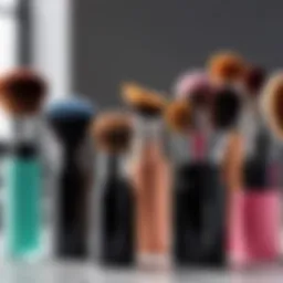 A collection of various makeup brush cleaners displayed on a vanity.
