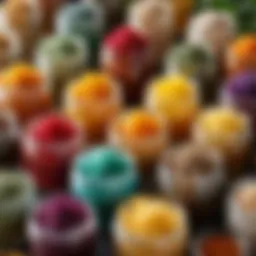 A close-up view of a variety of body scrub jars displaying natural ingredients, showcasing their textures and colors.