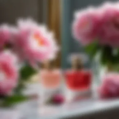 Peony-Scented Elegance on Display A serene setting featuring a collection of peony-scented perfumes on a vanity