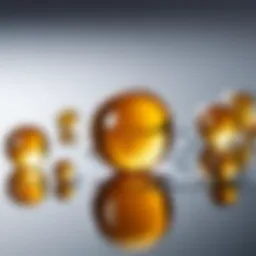 Close-up of vitamin A oil droplets on a glass surface