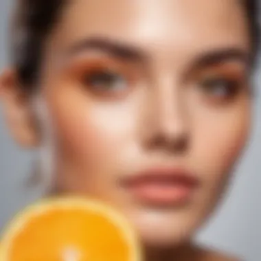 A serene depiction of a model applying Vitamin C serum on her face