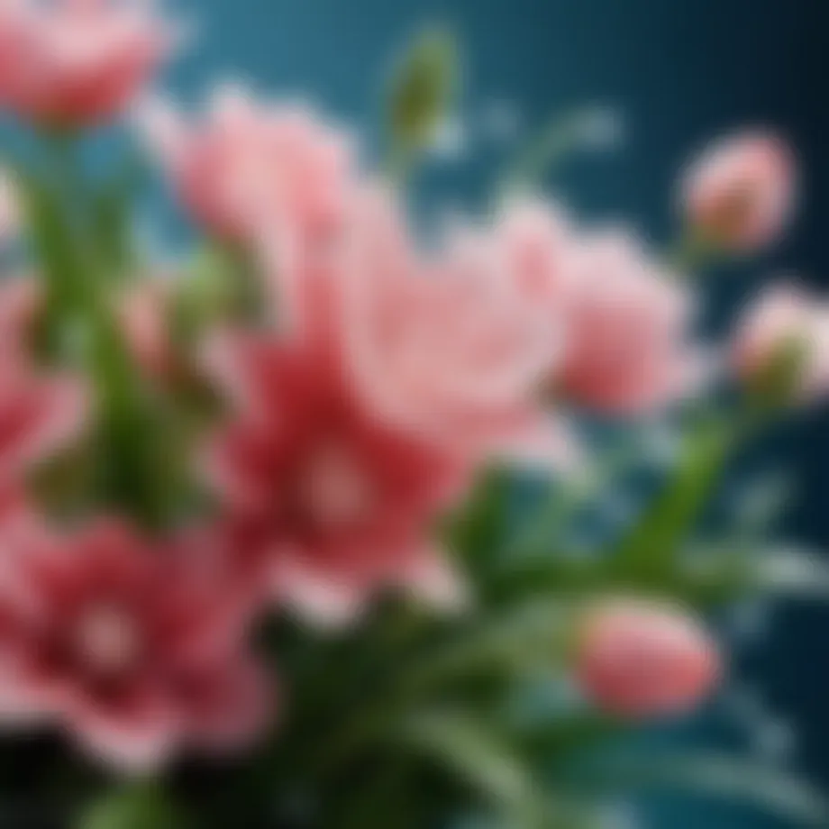 A close-up of a delicate floral arrangement with dewdrops